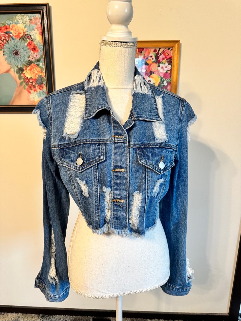 SHEIN Light Blue Denim Jean Jacket with Gold Stitching